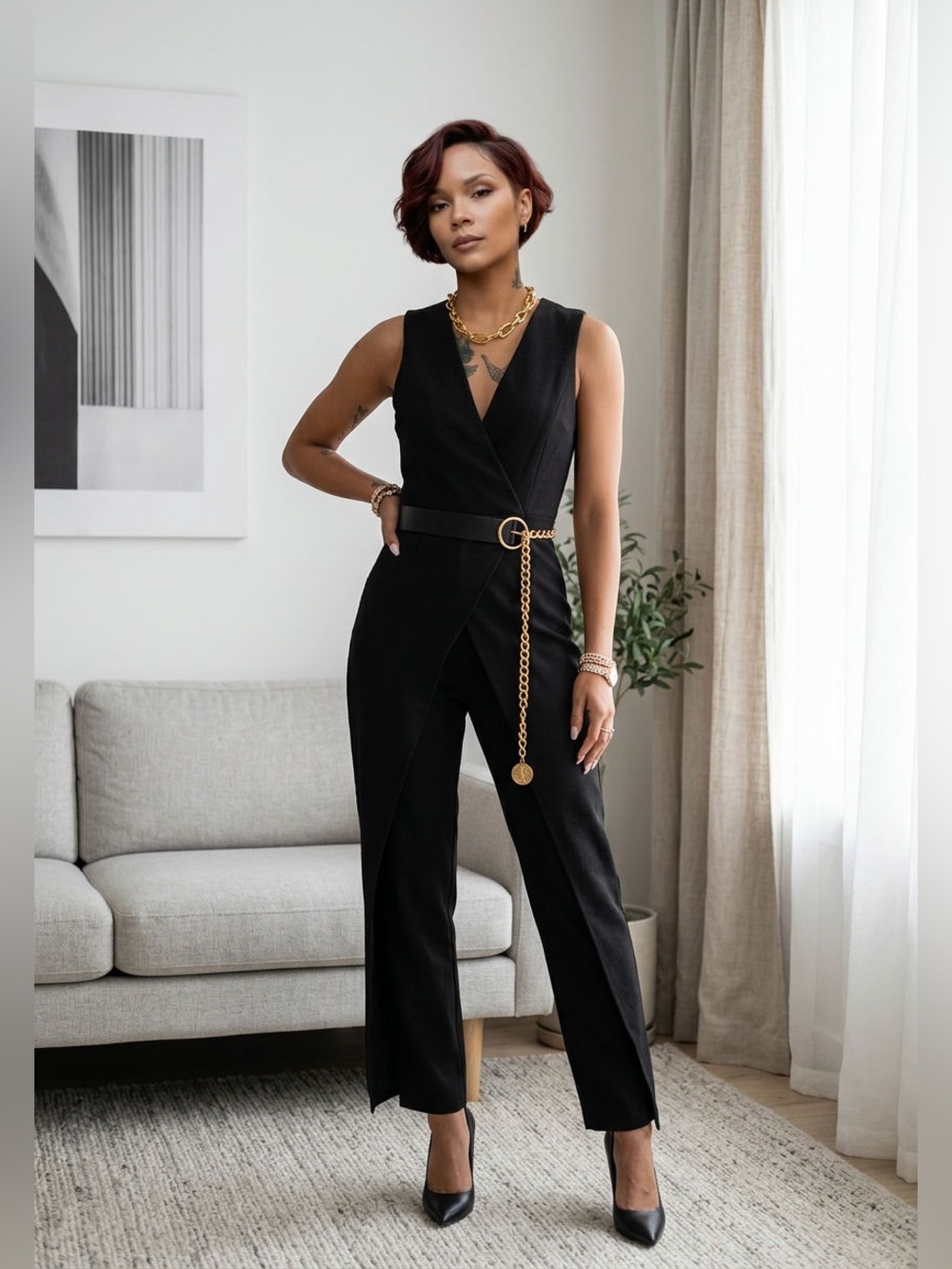 BCBG Black Sleeveless Wrap Has Pockets. Jumpsuit with Gold Chain Accent☑️